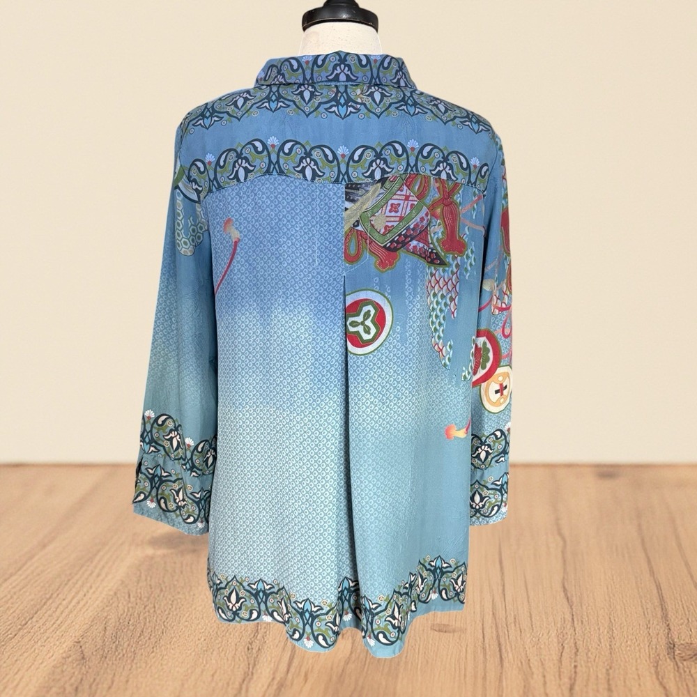 Citron Santa Monica 100% Silk Crane Print Blouse Top Sz L Denim Blue and Black - Picture 10 of 14